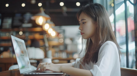sideview of asian business woman working with laptop in coffee shop daytime with clean background.の素材