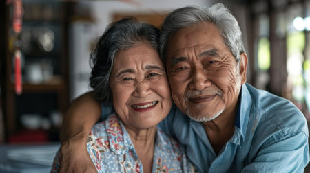 Portrait of couple of happy mature asian people in love hugging and looking at the camera smiling and having fun at home. Two cute seniors enjoying indoors together.の素材