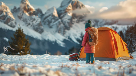 Child traveling with camping tent gear active family vacations kid hiking outdoor healthy lifestyle adventure trip exploring mountainsの素材