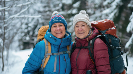 Portrait cheerful smiling middle age woman hiking walking with her husband enjoying free time and nature. Active beautiful seniors in love together at winter dayの素材