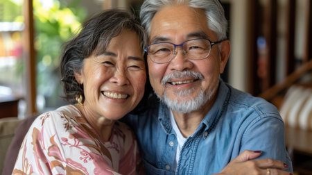 Portrait of couple of happy mature asian people in love hugging and looking at the camera smiling and having fun at home. Two cute seniors enjoying indoors together.の素材