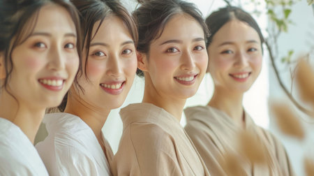 Beauty image of a group of middle aged Japanese women wearing natural color outfits Skin care Cosmeticsの素材
