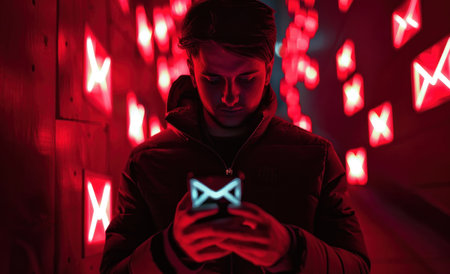 man holding phone where email is displayed, cyber crime concept.の素材