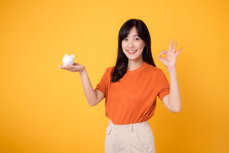 Happy Asian woman 30s holding piggy bank, showing okay sign, on vibrant yellow background. Wealth saving concept.の写真素材