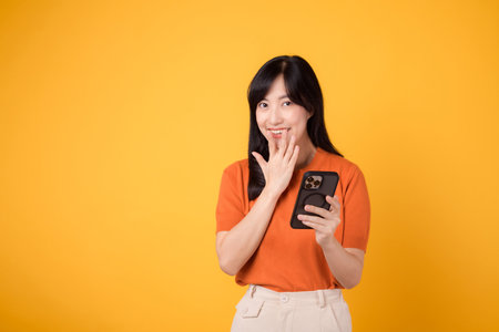 Curious Asian woman 30s, wearing orange shirt, using smartphone with fist up hand sign on vibrant...