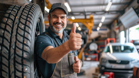 Smiling mechanic showing thumbs up with car tire in the car repair shop.の素材