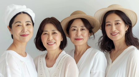 Beauty image of a group of middle aged Japanese women wearing natural color outfits Skin care Cosmeticsの素材