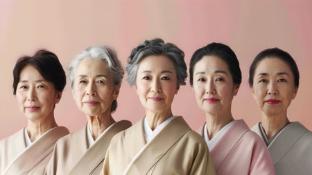 Beauty image of a group of middle aged Japanese women wearing natural color outfits Skin care Cosmeticsの素材