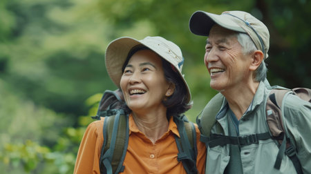 Portrait cheerful smiling middle age asian woman hiking walking with her husband enjoying free time and nature. Active beautiful seniors in love together at sunny dayの素材