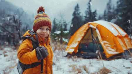 Child traveling with camping tent gear active family vacations kid hiking outdoor healthy lifestyle adventure trip exploring mountainsの素材