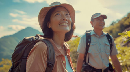 Portrait cheerful smiling middle age asian woman hiking walking with her husband enjoying free time and nature. Active beautiful seniors in love together at sunny dayの素材