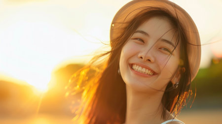 happy asian woman in bright tone daylight sunny dayの素材