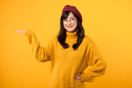 Young asian woman in yellow sweater and beret on yellow backgroundの写真素材