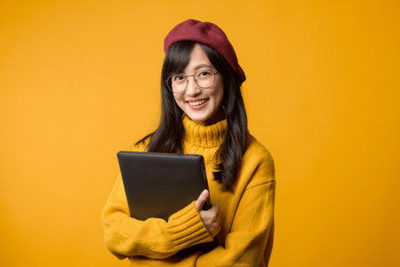With her laptop in hand, young Asian woman in a yellow sweater and red beret exudes confidence against a bright yellow background.の写真素材