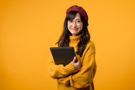 Standing out in yellow sweater and red beret, young Asian woman works on her laptop against a...