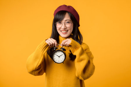 Close up of vibrant yellow alarm clock held by a young Asian woman, exuding happiness in her stylish...