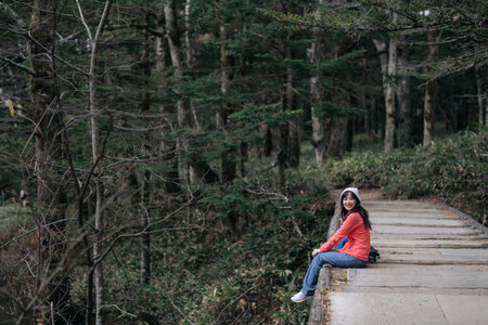 Asian woman in a pink fleece, happy on wooden bridge. Nature trail leisure, enjoying freedom, and...