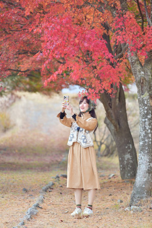 Asian woman in casual dress enjoys Japan's beauty, walking amid vibrant foliage. cheerful holiday portrait capturing the essence of nature, fashion, and a journey.の写真素材