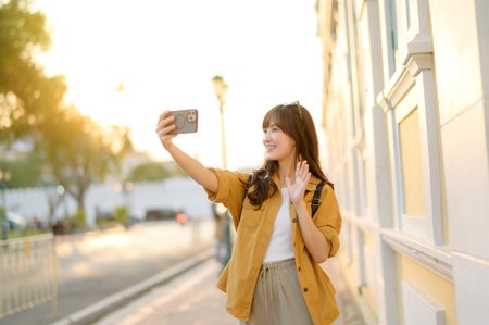 Traveler asian woman 30s making a livestream and sefie with a smartphone enjoying travel in Bangkok, Thailand. Journey trip lifestyle, world travel explorer or Asia summer tourism concept.の写真素材