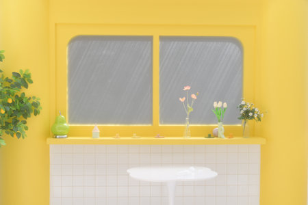 A bright yellow interior featuring window, plants, and decorative vases. cheerful atmosphere is...