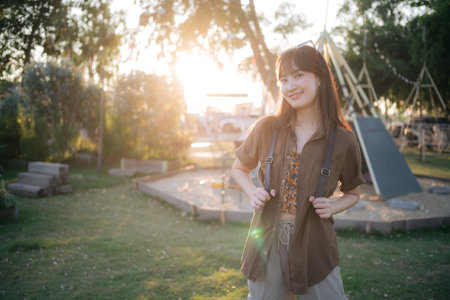 Asian woman with camping activityの写真素材