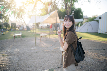 Asian woman with camping activityの写真素材