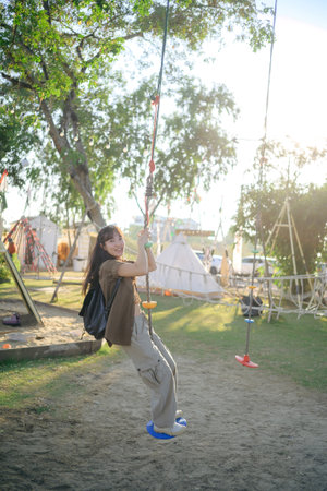 Asian woman with camping activityの写真素材