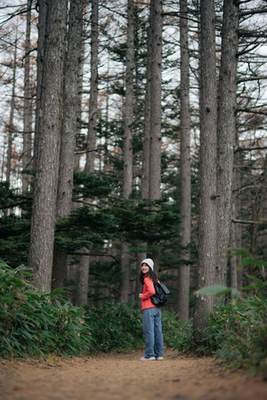Hiking through pine-covered hills, enjoying the freedom, adventure, and scenic reflections on a misty morning.の写真素材