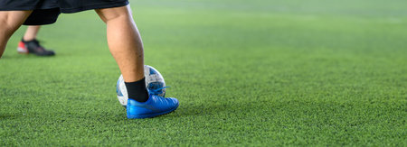A soccer players in action on green grass field focusing on their legs and ball during game, showing...