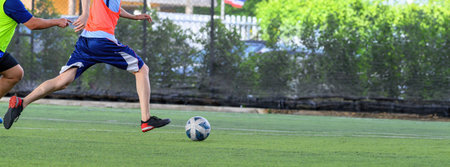 A soccer players in action during game on grass field focusing on their legs and ball, showing...