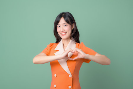 A southeast asian woman in orange dress smiling and making heart shape with hands against green background, expressing happiness and positivity in studio portraitの写真素材