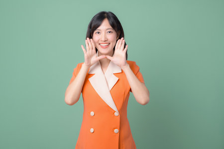 A southeast asian woman in orange blazer smiling and making cheerful gesture with hands near face against green background, expressing happiness and positivityの写真素材
