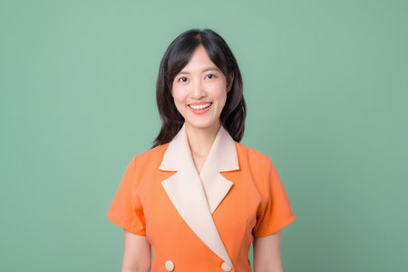 A southeast asian woman smiling in orange blazer stands against green background showing cheerful and confident expressionの写真素材