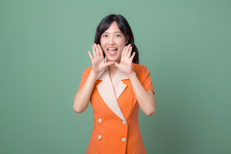 A southeast asian woman in orange blazer smiling and shouting with hands near mouth on green background cheerful expressionの写真素材