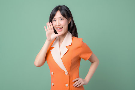 A southeast asian woman in orange dress smiling and holding hand near mouth as if calling out or sharing secret against green background cheerful expressionの写真素材