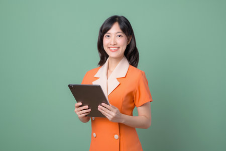 A southeast asian woman in orange dress holding tablet smiling confidently against green background modern professional portraitの写真素材