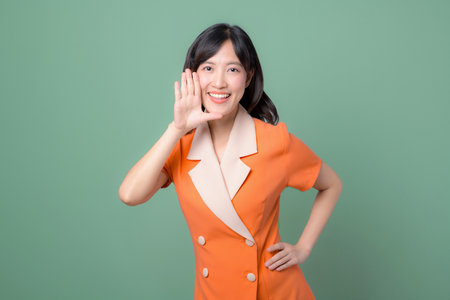 A southeast asian woman in orange dress smiling and making hand gesture near her mouth against green backgroundの写真素材