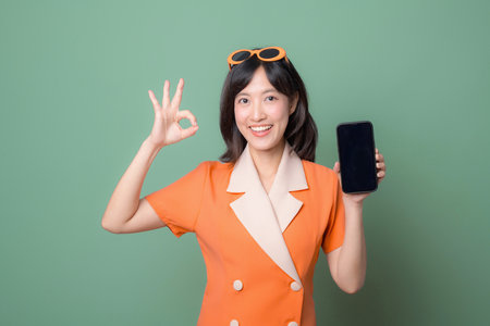 A southeast asian woman in orange dress smiling holding smartphone and making okay gesture on green backgroundの写真素材