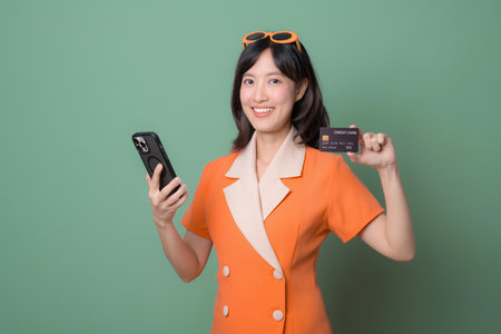 A southeast asian woman in orange dress smiling holding smartphone and credit card against green background showing cheerful expressionの写真素材