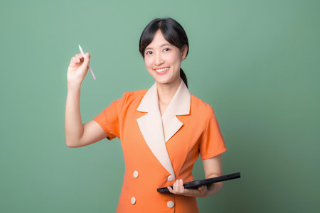 A southeast asian woman in orange uniform smiling holding digital tablet and stylus pen standing against green background showing confidence and positivityの写真素材