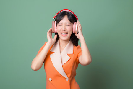 A southeast asian woman in orange dress enjoying music with headphones smiling and eyes closed against green backgroundの写真素材