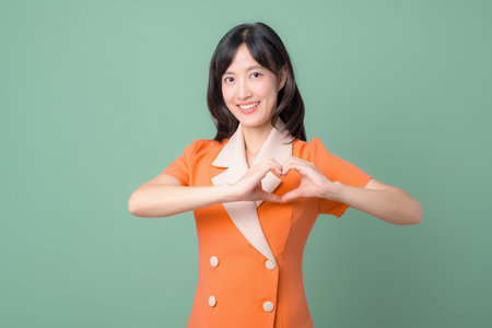 A southeast asian woman in orange dress smiling and making heart shape with hands on green background expressing happinessの写真素材