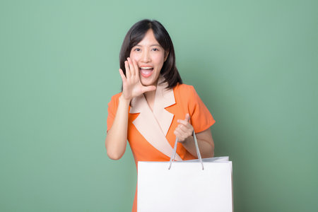 A southeast asian woman in orange dress holding shopping bag smiling and shouting with excitement against green backgroundの写真素材