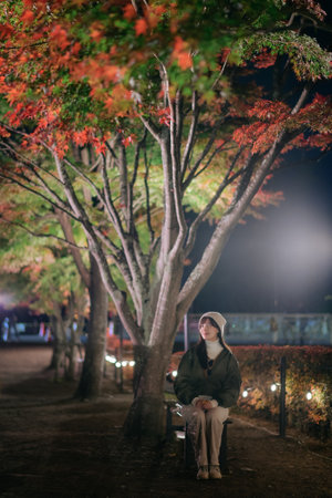 A southeast asian woman sits on bench under colorful autumn trees at night in peaceful park illuminated by soft lights creating calm and serene atmosphereの写真素材