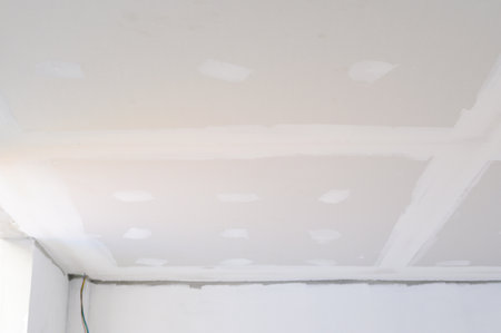 Interior building renovation shows gypsum board ceiling with smooth edges needing smooth plastering. Electrical wire near wall indicates construction of smooth ceilingsの写真素材