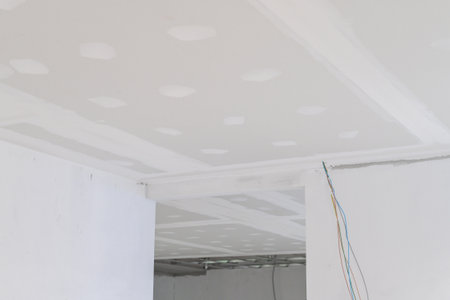Gypsum board ceiling in building interior undergoing renovation. Smooth plastering on edges, with visible electrical wire, creates feeling of work in progress toward smooth finishの写真素材