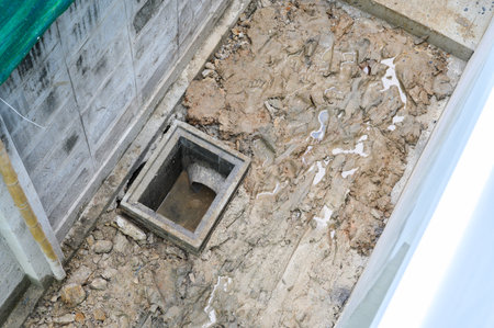 Messy bathroom floor during difficult house renovation. Demolition for new construction shows broken...