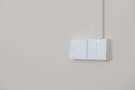 Minimalist detail of white light switch on plain wall part of house renovation. An essential element...