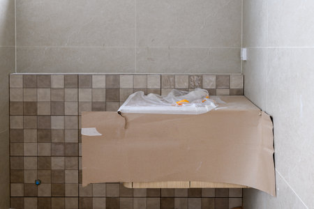Close up detail of bathroom tile during house renovation project. construction shows progress in remodeling interior with new modern design and awaiting fixturesの写真素材