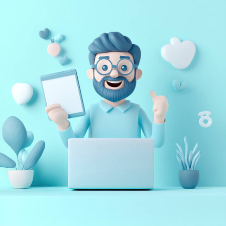 cheerful 3D character with laptop and tablet in blue office.の素材
